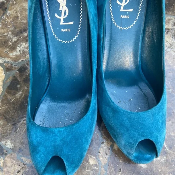 YSL Paris Teal Suede Peep Toe Platform Stilettos Sz 40 USA 9-9,5
